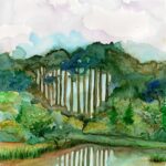 Joanna Rzeźnik Las nad jeziorem Cykl Motywy Przyrody akwarela tech. własna 23,5 x 29,5 2020