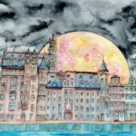 Joanna Rzeźnik - Noc w porcie - Gdańsk - Cykl Weduta, Pejzaż miejski, Powidok, akwarela, papier 250g2m, 32 x 24 cm, 2022 r