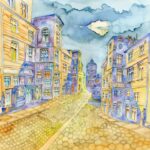 Joanna Rzeźnik - Słoneczne miejsce - Cykl Weduta, Pejzaż miejski, Powidok, akwarela, papier 200g2m, 32 x 24 cm, 2022 r