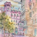 Joanna Rzeźnik - Spacery w blasku zachodu słońca - Cykl Weduta, Pejaż miejski, Powidok, akwarela, tech. własna, 19 x 29 cm, 2022 r