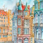 Joanna Rzeźnik - Stare miasto w jesiennych barwach - Cykl Weduta, Pejzaż miejski, Powidok, akwarela, tech. własna, 20,8 x 29,7, 2022