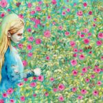 Joanna Rzeźnik - W zapachu pnących róż - Cykl Kobiety - Kwiaty, akwarela, ecoline, tech. własna, papier 250gm2, 41,8 x 29,7, 2022 r