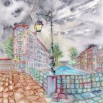 Joanna Rzeźnik - Wieczorne światła miast - Cykl Weduta, Pejzaż miejski, Powidok, akwarela, tech. własna, 24 x 32 cm, 2022 r